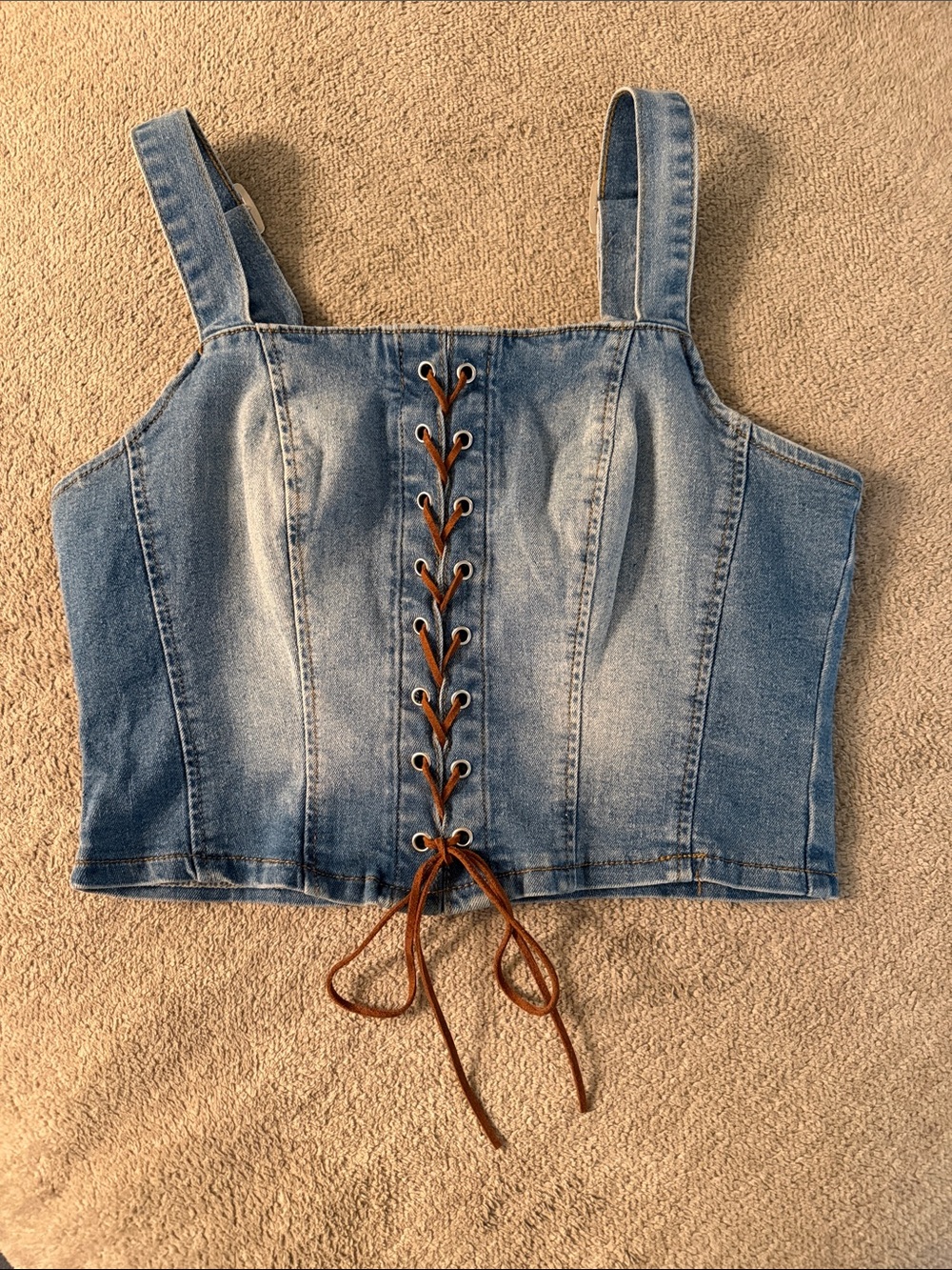 Denim Lace-Up Crop Top - Light Blue